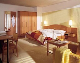 Quarto de hotel com cama, mesas de cabeceira, escrivaninha e uma cadeira.