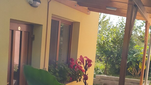 A yellow building with a wooden pergola, large green plants, and a bench. - Penzion Ubytování Květinová (Krelov)