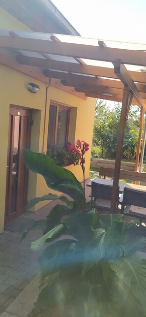 A yellow building with a wooden pergola, large green plants, and a bench. - Penzion Ubytování Květinová (Krelov)