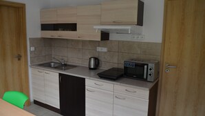 A compact kitchen with a sink, a kettle, a toaster, and wooden cabinets. - Penzion Ubytování Květinová (Krelov)