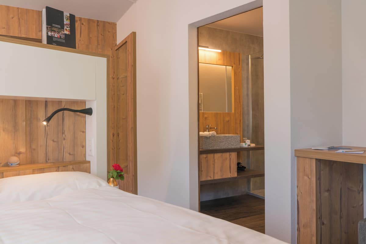 A bedroom with a wooden headboard, a bedside table with a lamp, a small bedside plant, and a large mirror above the mirror cabinet.