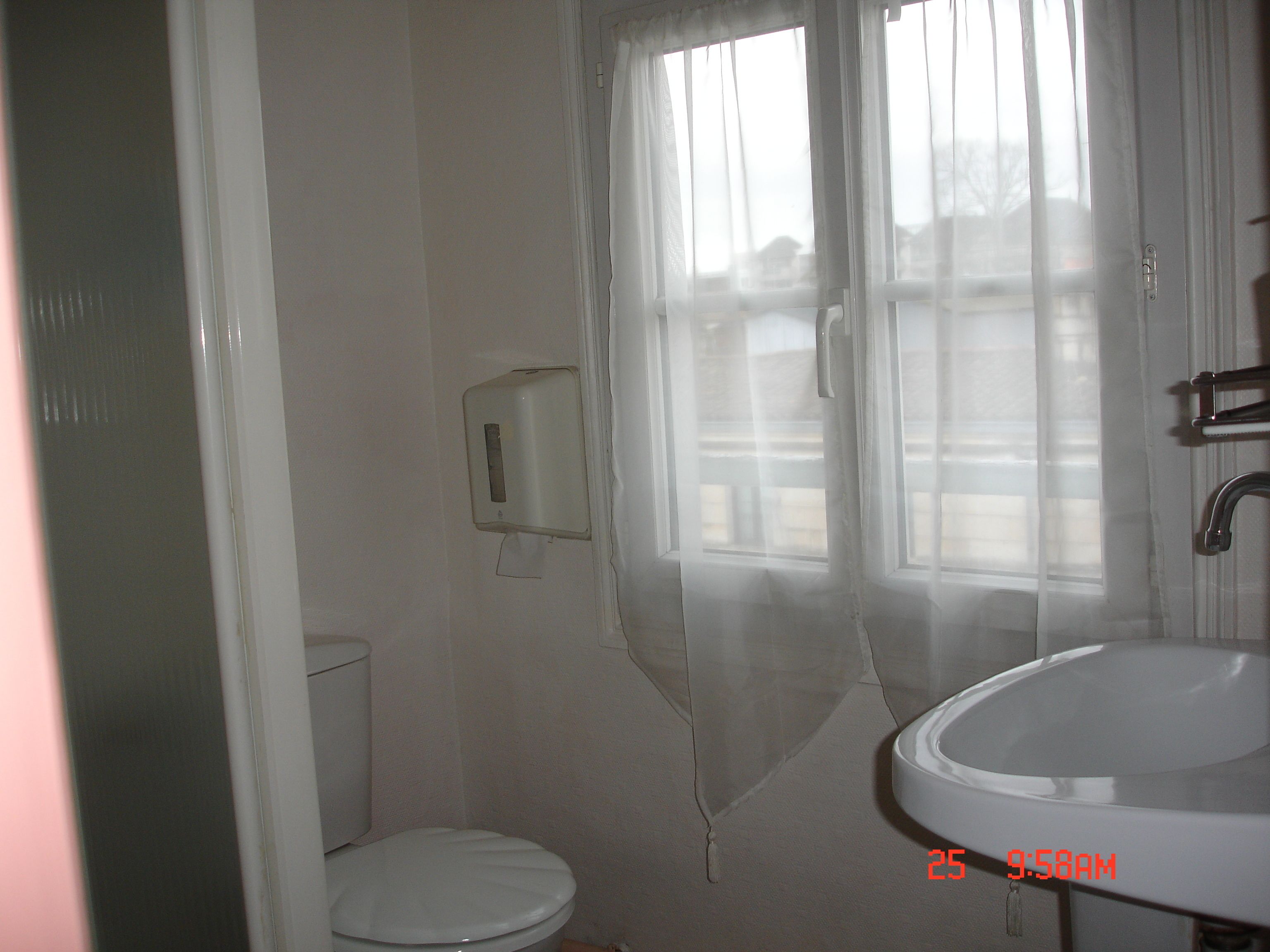 Een badkamer met toilet, wastafel en een raam met gordijn.