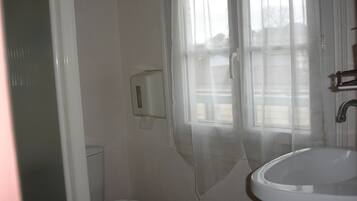 Een badkamer met toilet, wastafel en een raam met gordijn.