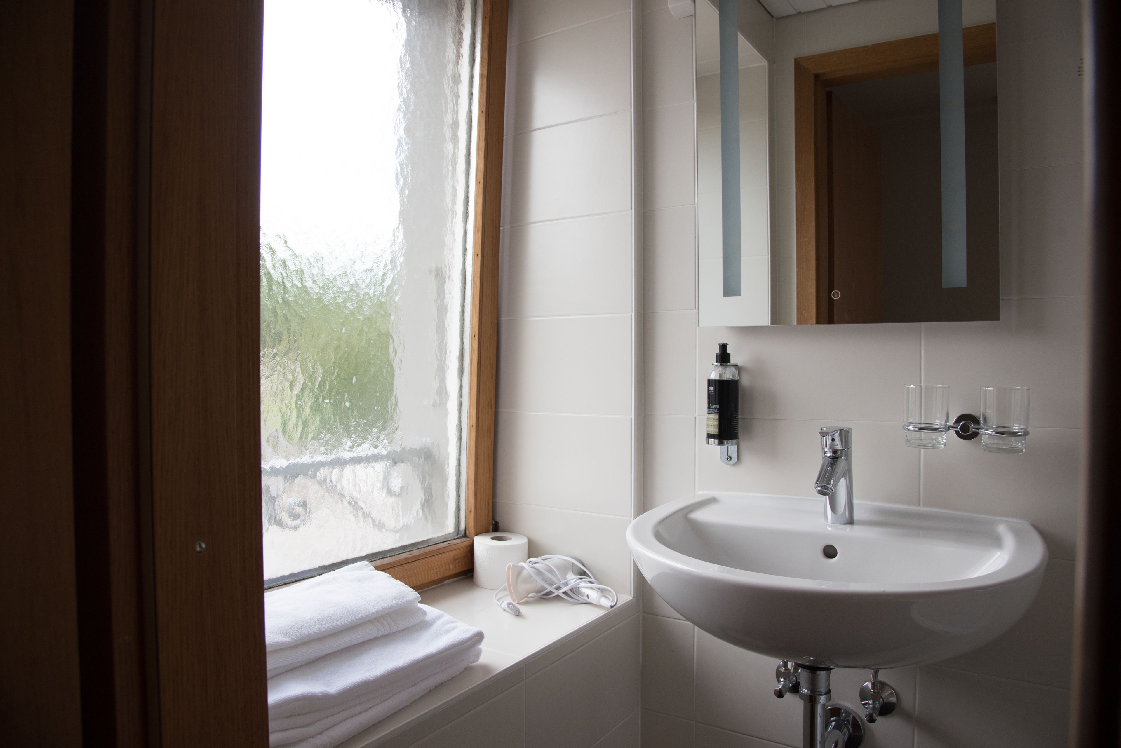 A bathroom with a white sink, a mirror, and a window with a view of greenery.