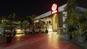 Entrada de hotel con letrero de neón, plantas en macetas y un camino bien iluminado.