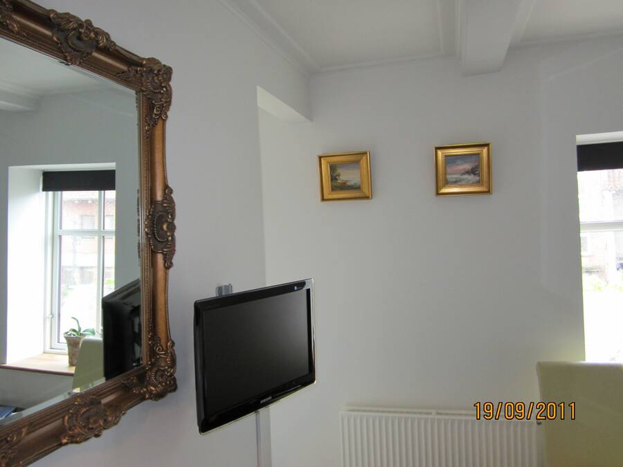 Una habitación con un espejo grande y ornamentado, un televisor de pantalla plana y dos cuadros en la pared.