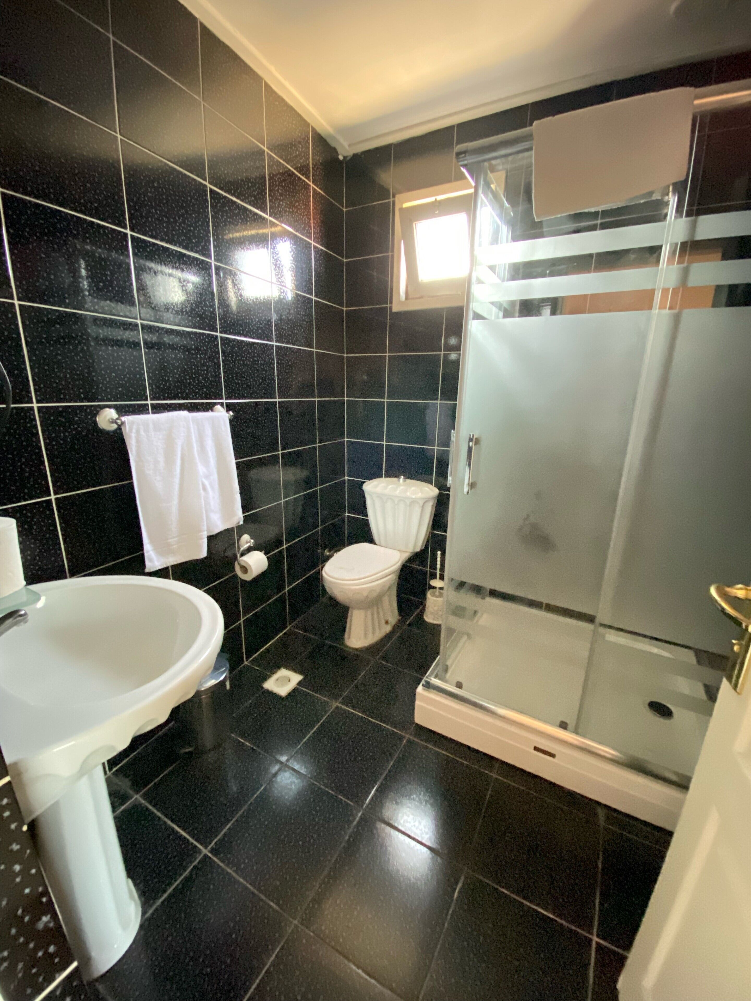 Un baño con lavamanos blanco, inodoro y ducha con mampara de vidrio.