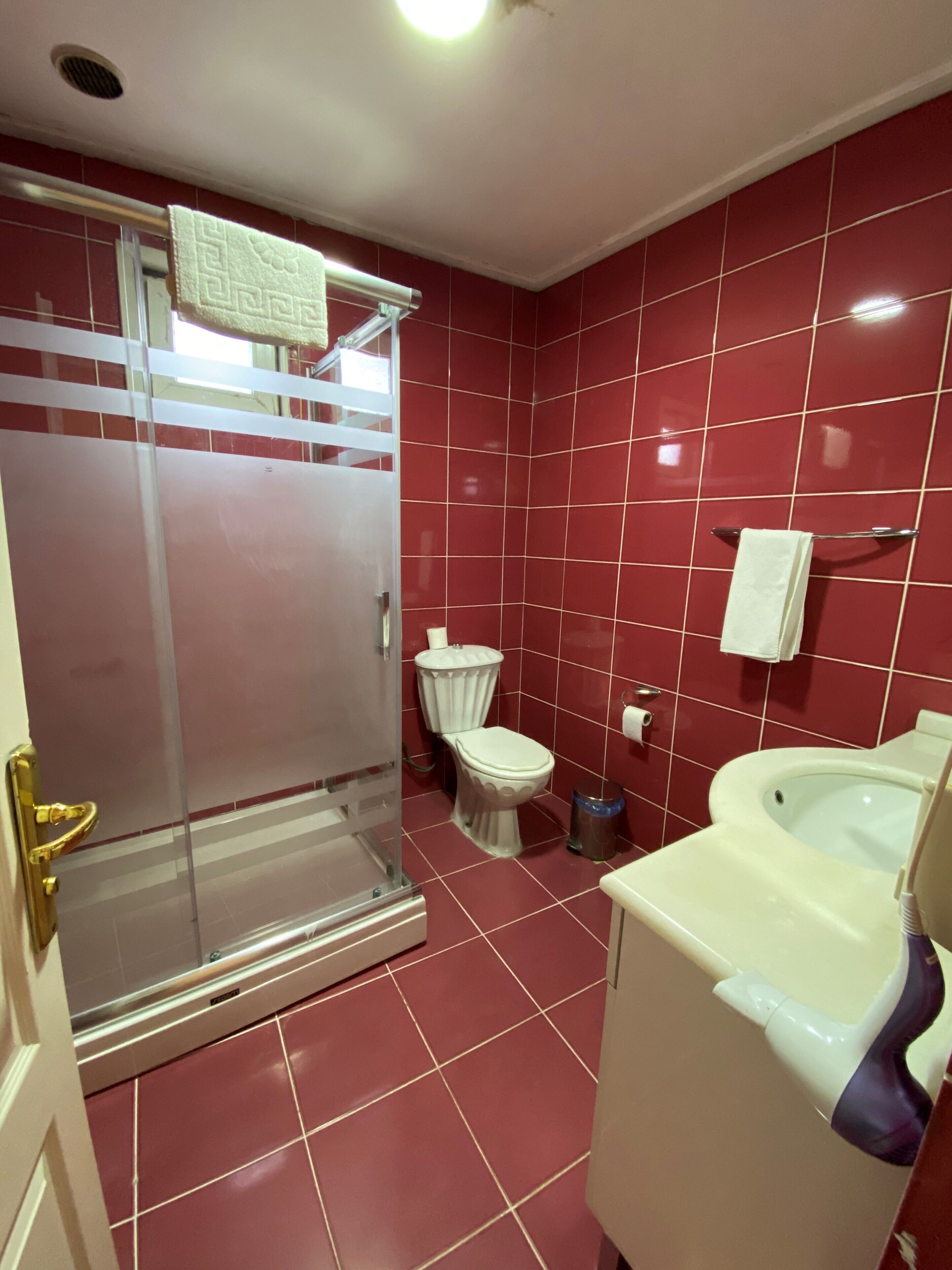Un baño con paredes de baldosas rojas, un inodoro blanco, una ducha con mampara de vidrio y una bañera blanca.