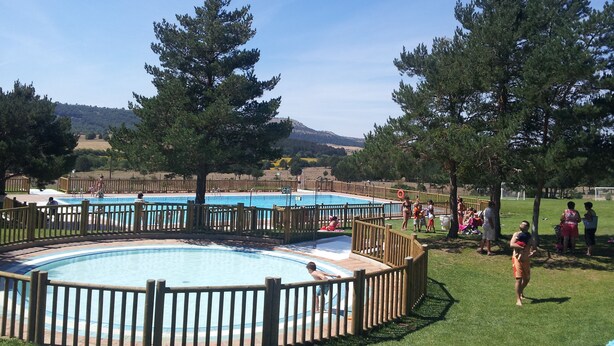 Un área de piscina con cerramiento de madera, rodeada de árboles y un campo cubierto de césped.