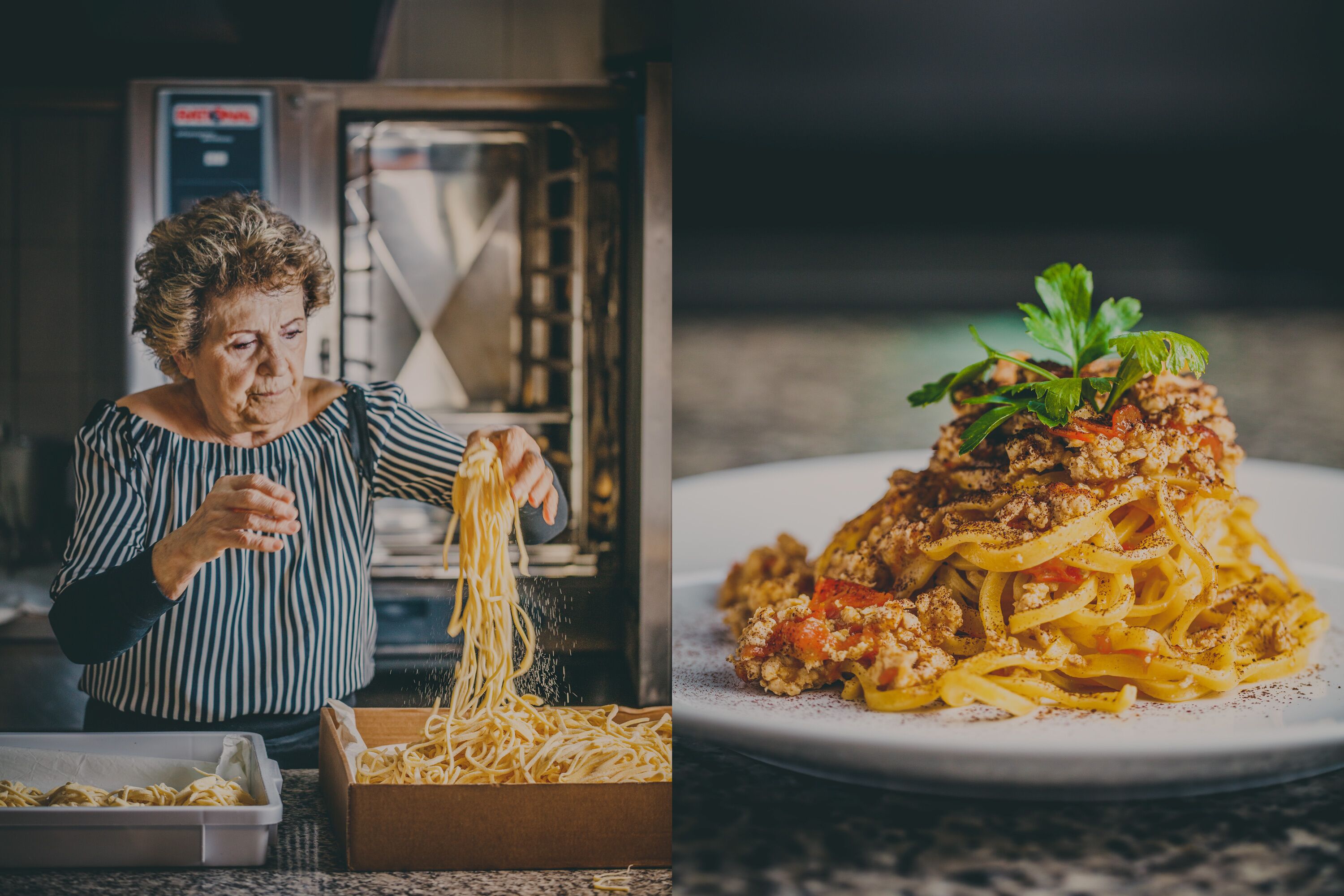 A person cooking spaghetti in a kitchen with a stove and a box of pasta.