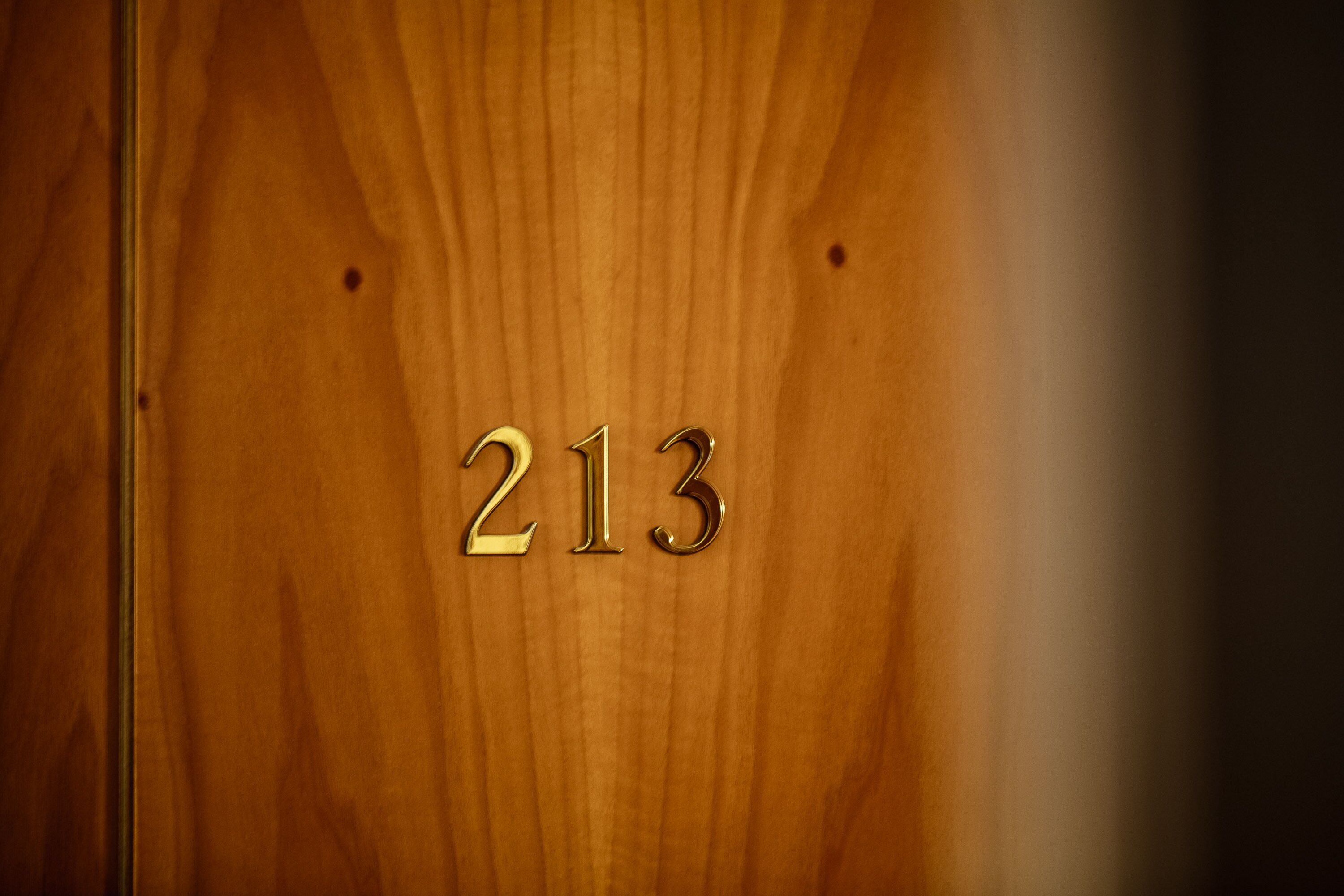 A wooden door with the number 213 visible.