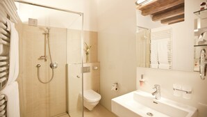A modern bathroom with a glass-enclosed shower, a toilet, and a sink with a mirror above.