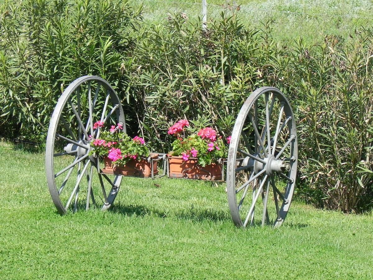 Two large metal wheels with flower pots in between.