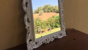 Espejo blanco decorado que muestra un campo verde y una bicicleta.
