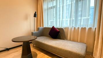 Premium bedding, desk, blackout curtains, soundproofing