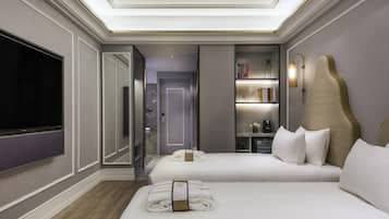 Premium bedding, desk, blackout curtains, soundproofing