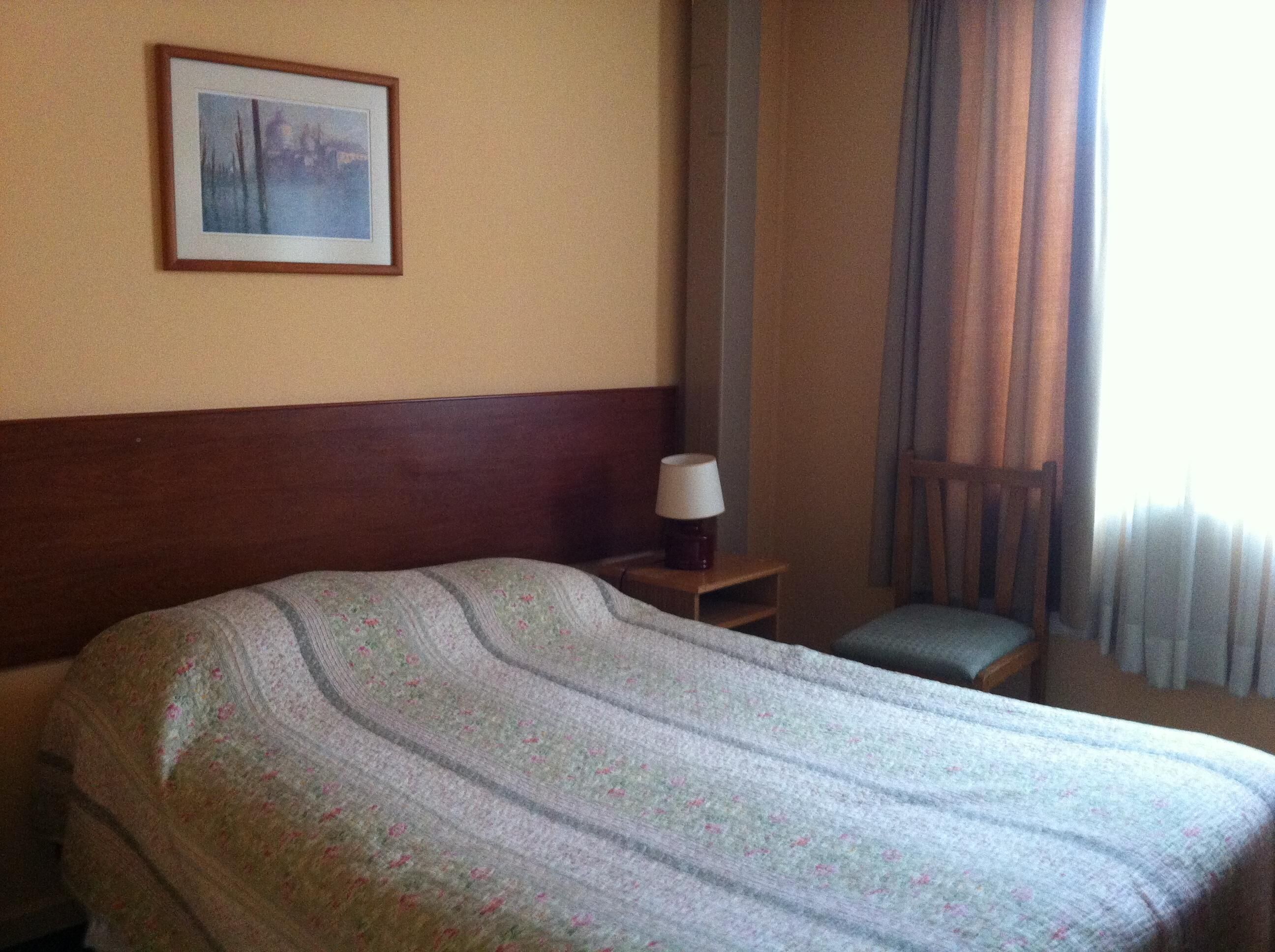 Une chambre d’hôtel avec un lit, une chaise, une table de chevet avec une lampe, un tableau encadré au mur et une fenêtre avec des rideaux.