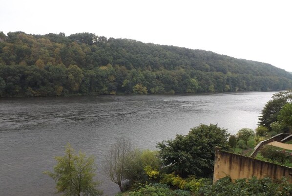 A river with a forested hillside in the background. - Maison Porte Del Marty (Lalinde)