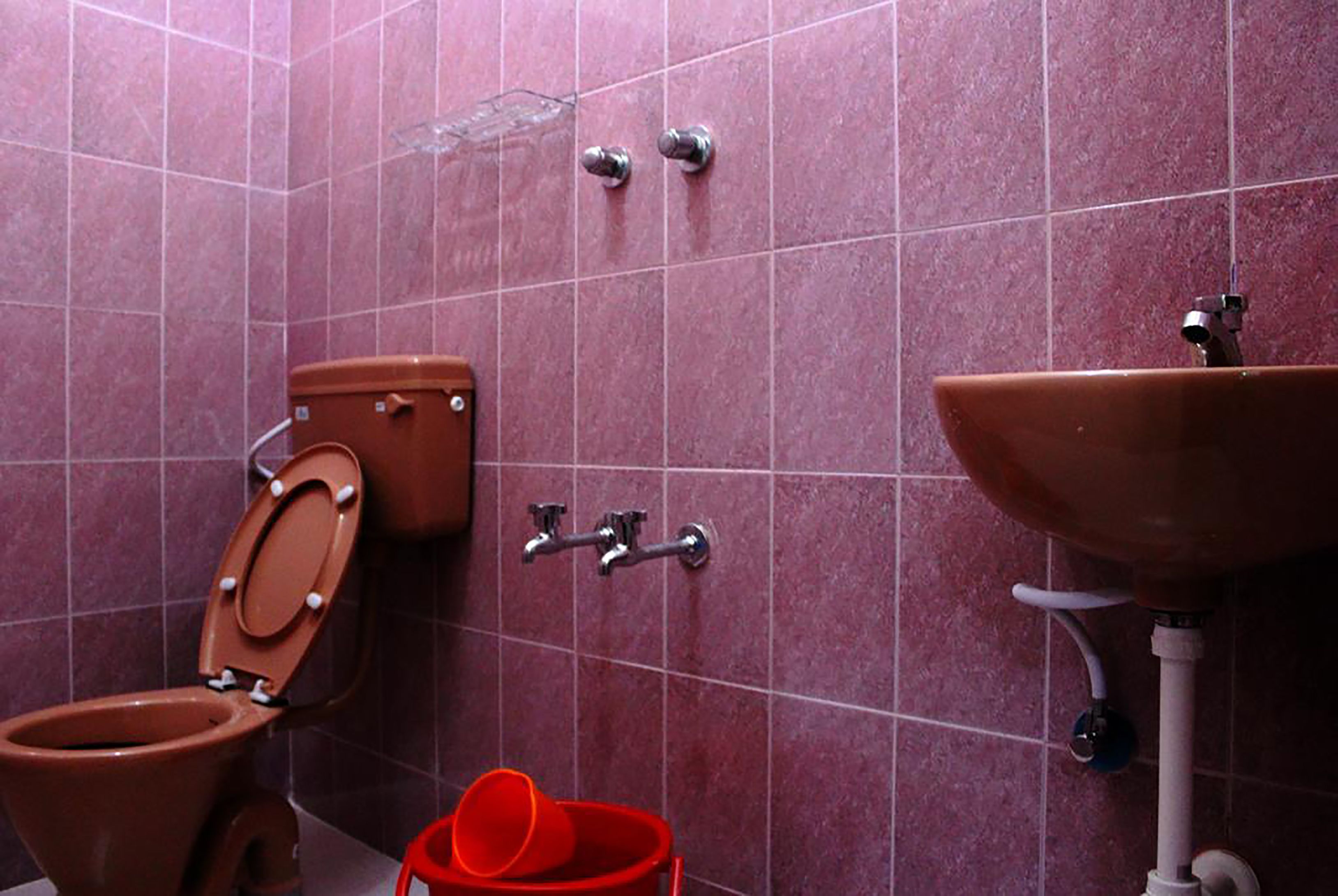 A bathroom with a toilet, a sink, and a shower.
