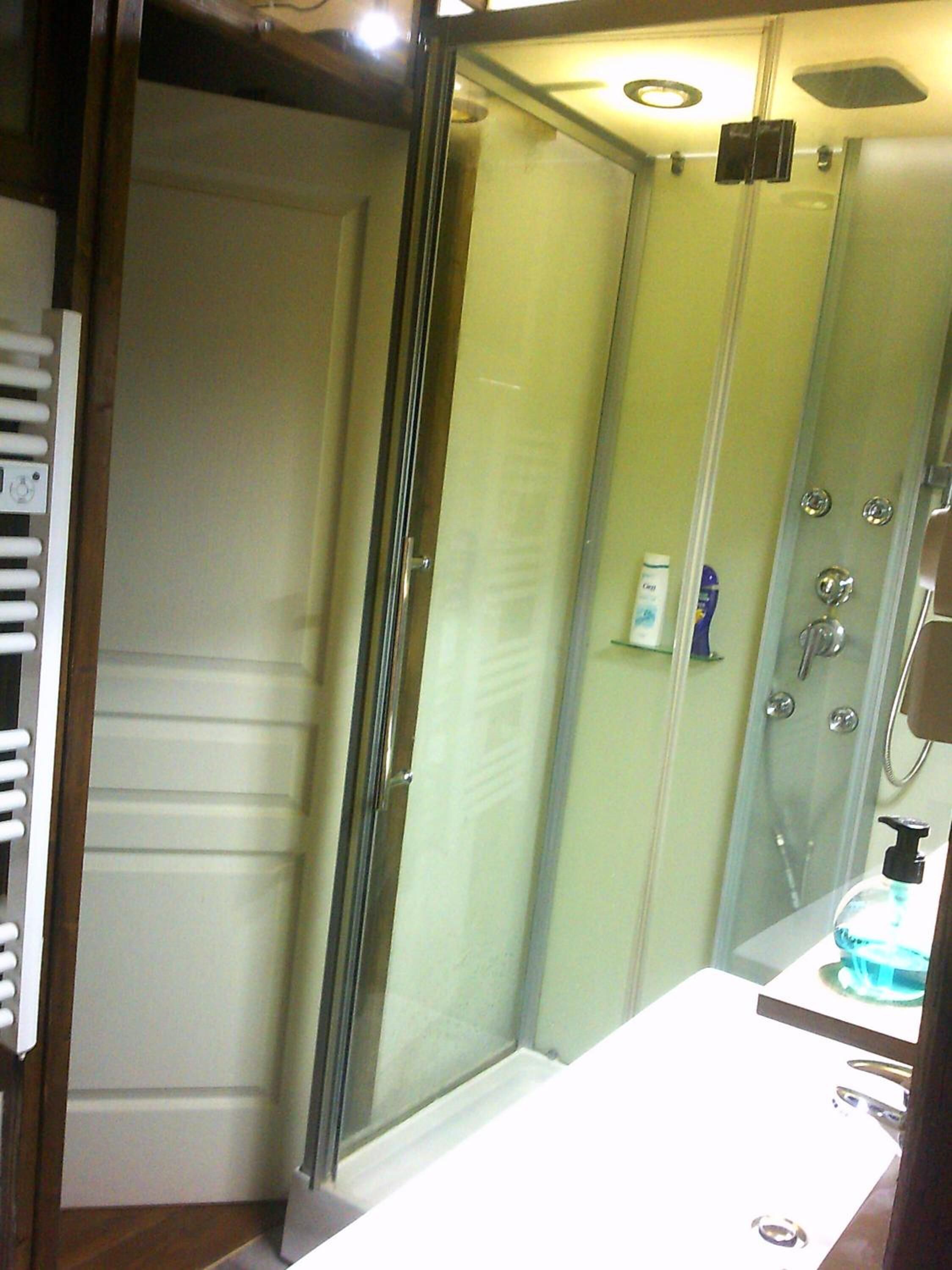 A glass-enclosed shower with a handheld showerhead, a white sink with a soap dispenser, and a mirror above the sink.