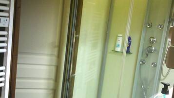 A glass-enclosed shower with a handheld showerhead, a white sink with a soap dispenser, and a mirror above the sink.