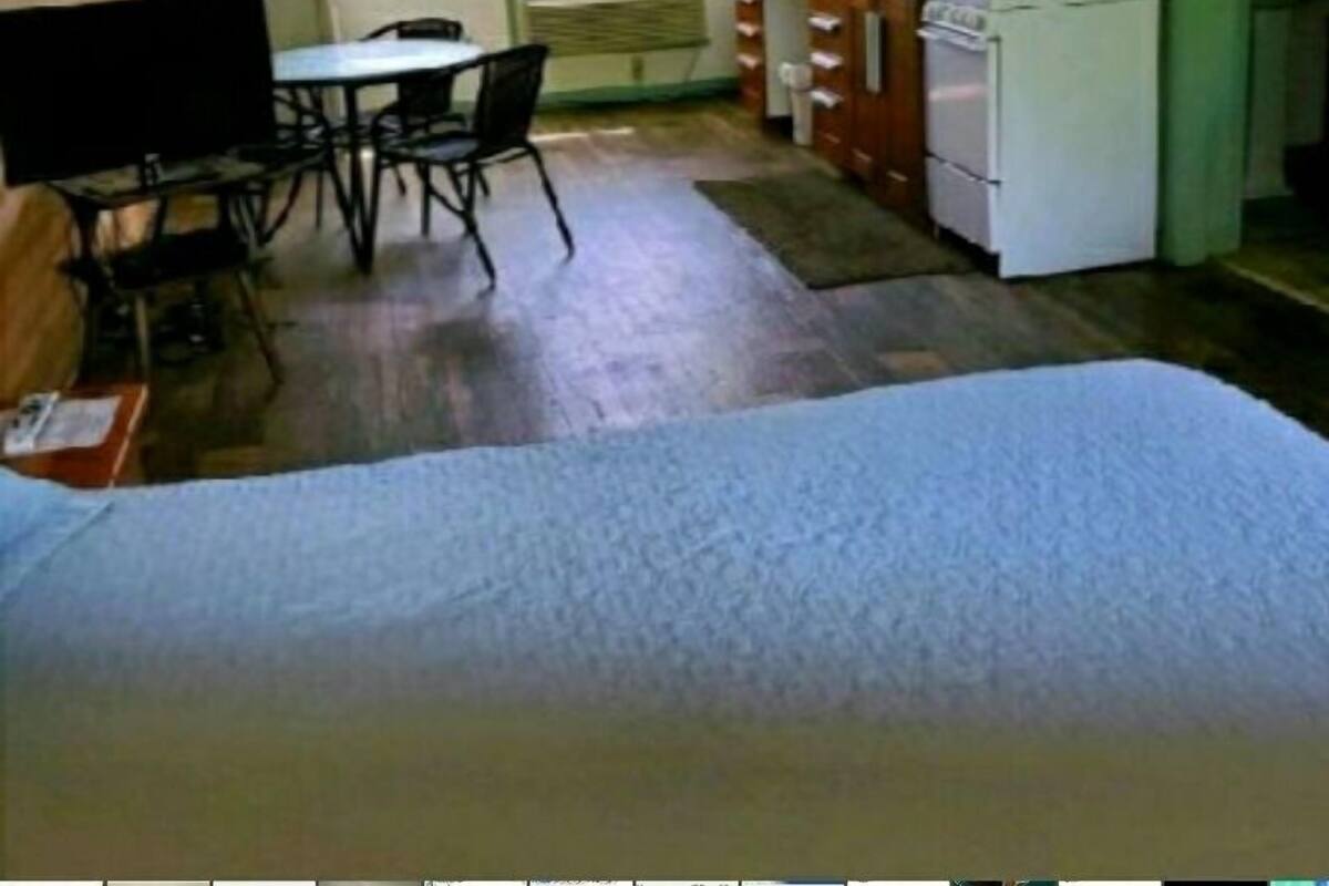A room with a bed, a dining table with chairs, a kitchenette with a stove and cabinets, and a window with blinds.