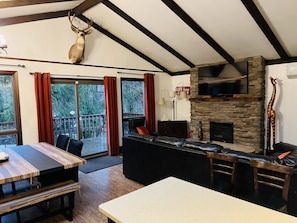 Smart TV, fireplace, foosball