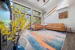 Smart TV, fireplace, books, streaming services