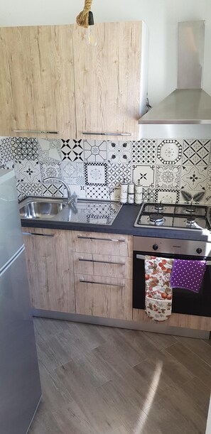 Kühlschrank, Ofen, Herdplatte, Wasserkocher mit Kaffee-/Teezubehör