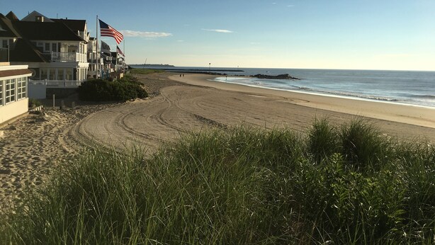 Une plage avec un rivage sablonneux, quelques bâtiments et un drapeau.