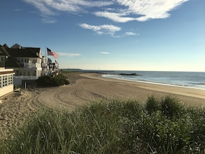 On the beach, sun loungers, beach towels