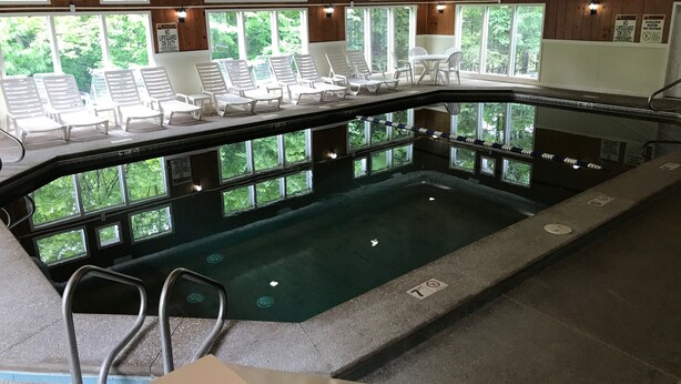 Ein Poolbereich mit Liegestühlen und Sprungbrett, umgeben von großen Fenstern mit Blick auf Bäume.