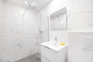 Shower, hair dryer, towels, soap