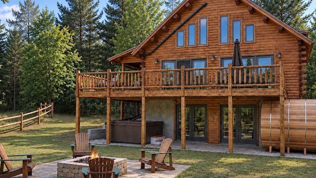 Une cabane en rondins avec une terrasse, un espace salon extérieur et un foyer.