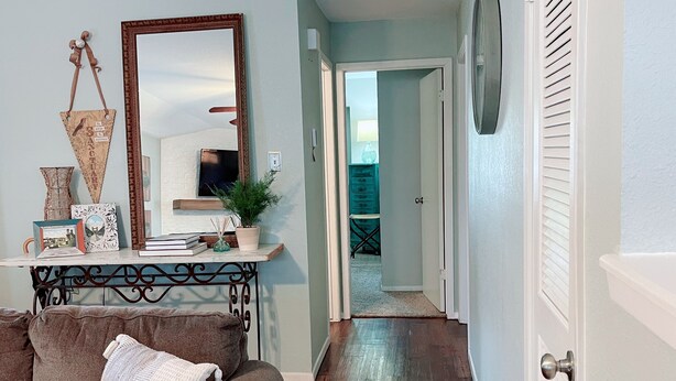 Un couloir avec un canapé marron, un miroir et une plante en pot.