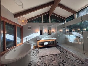 Combined shower/tub, hair dryer, towels, soap
