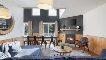 Smart TV, fireplace, DVD player, foosball