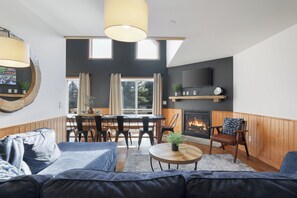 Smart TV, fireplace, DVD player, foosball