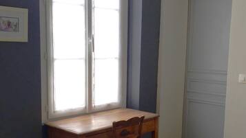 1 bedroom, desk, iron/ironing board, travel cot