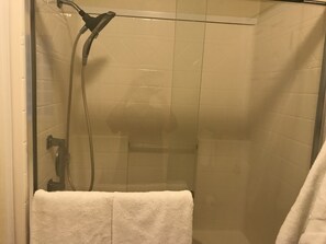 Hair dryer, towels, soap, shampoo