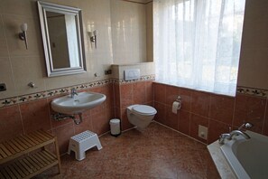 Bathtub, hair dryer, towels, toilet paper