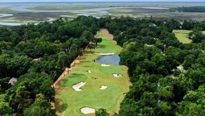 Ilmakuva golfkentästä, jota ympäröi tiheä metsä. Taivas on kirkas ja horisontissa näkyy vesiä.