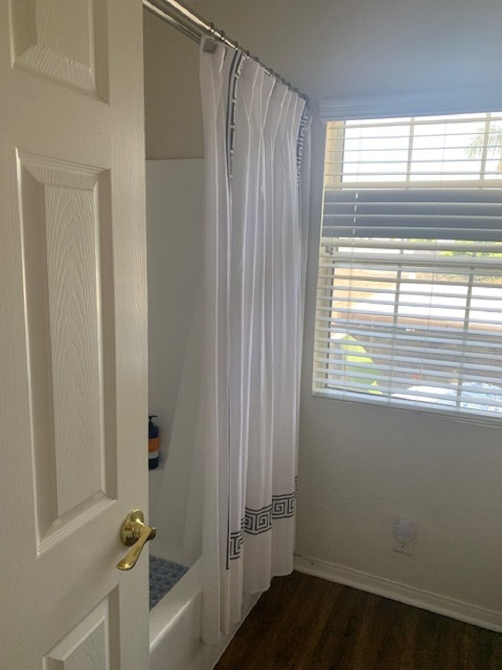 Une pièce avec une porte blanche, un rideau de douche et une fenêtre avec des stores.