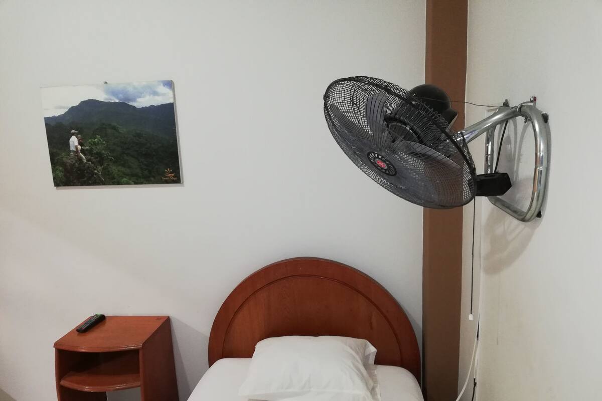 Uma cama com cabeceira de madeira, um ventilador fixado na parede, uma mesinha de cabeceira de madeira e um quadro com uma paisagem de montanhas.