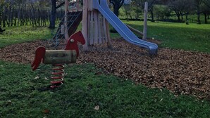 Ein Spielplatz mit einer Rutsche aus Holz und einer Kletterkonstruktion.