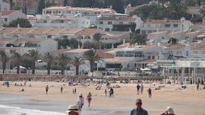 A coastal town with white buildings, a sandy beach, and palm trees.