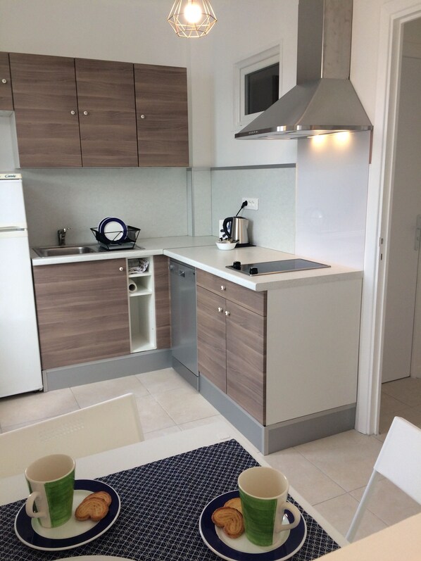 Réfrigérateur, micro-ondes, plaque de cuisson, lave-vaisselle