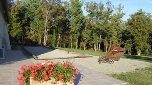 Uma área pavimentada com um canteiro de flores, uma bicicleta e um edifício ao fundo.