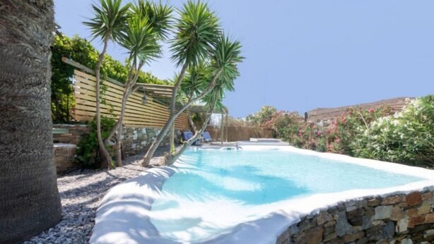 A swimming pool with a stone edge, surrounded by a garden with palm trees and various plants. - Cozy 2-bedroom House in Tinos (Tinos)
