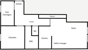 A floor plan with a bedroom, bathroom, kitchen, dining area, and balcony. - 2** Apartment for 6, South, near slopes and shops (La Clusaz)